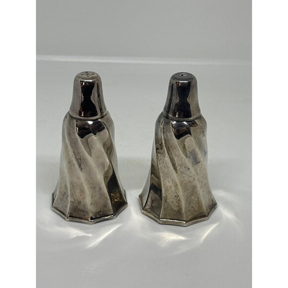 VTG Silver Plated Salt & Pepper Shakers Set 3.75" Swirl Decor MCM Hexagonal Base - Picture 3 of 6
